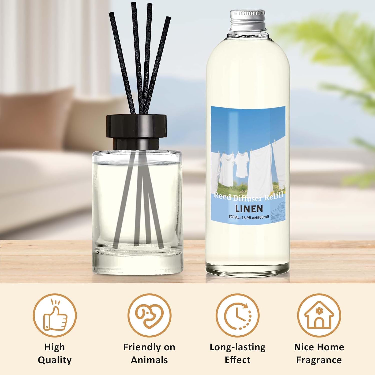 STRN Linen Reed Diffuser Refill 500ml with 6 Natural Reed Sticks, Smooth Aromatherapy for Home, Cozy Comfort Fragrance for Bedroom, Closet, Bathroom