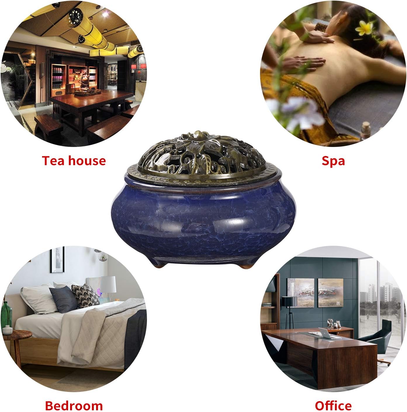 Miupoo Incense Burner and Cone Incense Holder with Brass Incense Stick Holder Ceramic Ash Catcher (Dark Blue)