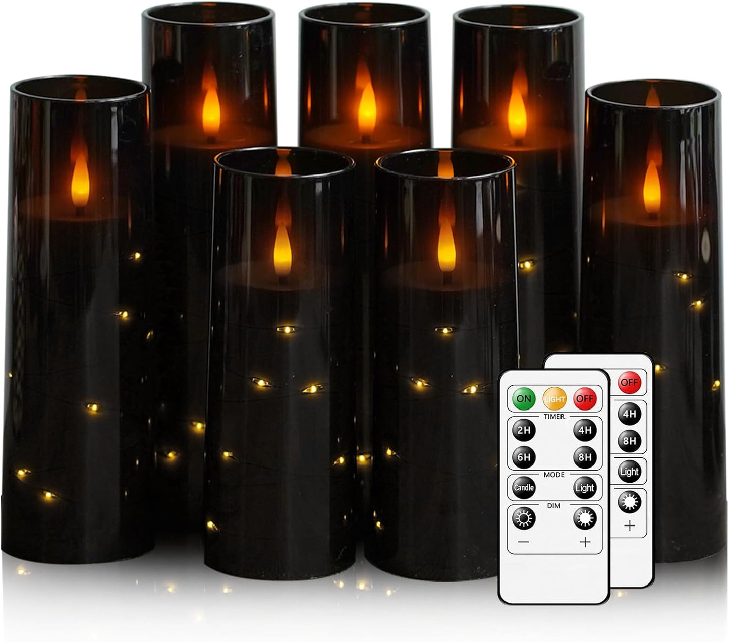 Flameless Candles,with Embedded Star String, Battery Operated Candles Flickering LED Pillar Candles with Remote Control and Timer, Home Decoration Add a Warm and Romantic Atmosphere，Set of 7 (Black)