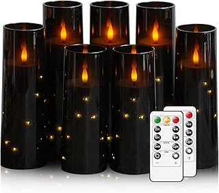 Flameless Candles,with Embedded Star String, Battery Operated Candles Flickering LED Pillar Candles with Remote Control and Timer, Home Decoration Add a Warm and Romantic Atmosphere，Set of 7 (Black)