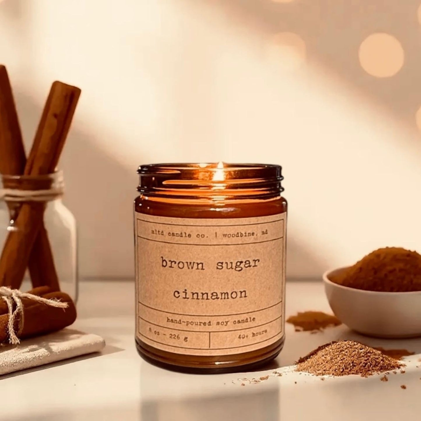 Brown Sugar Cinnamon Soy Candle | Brown Sugar, Butter, Cinnamon Scented | 8 oz. | 40 Hour Burn Time | Non-Toxic, Phthalate-Free, Dye-Free | Hand-Poured | Amber Jar | Cotton Wick | Made in The USA