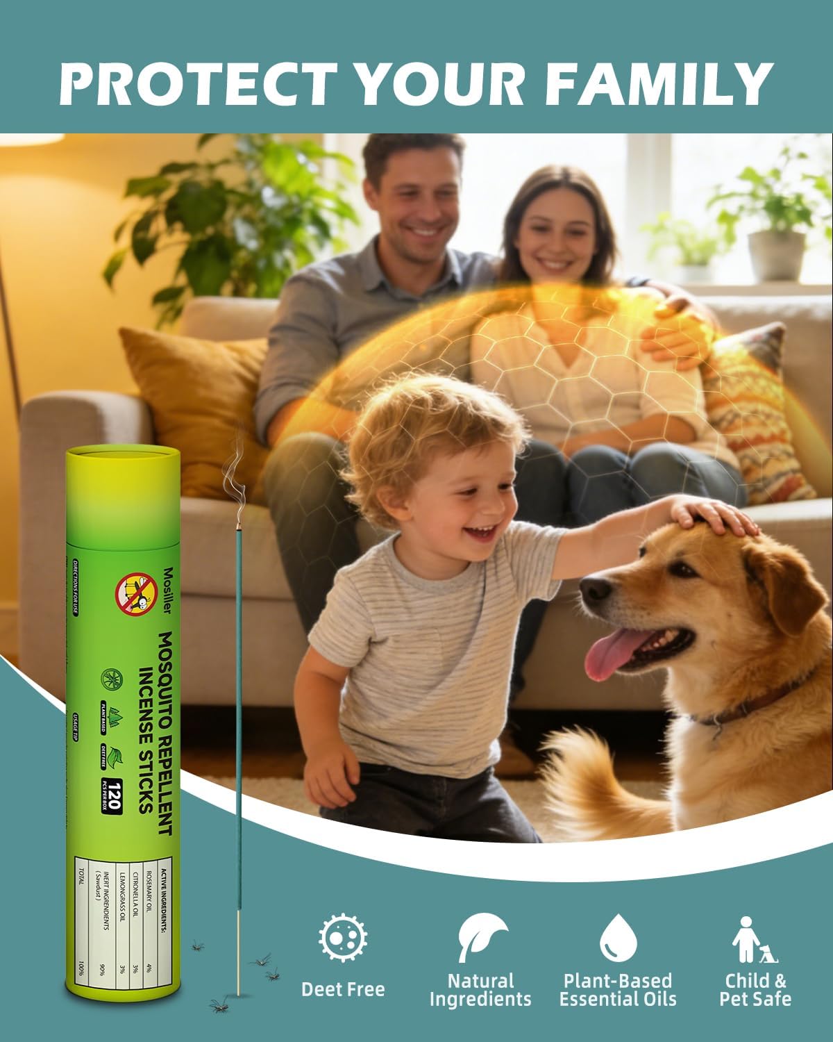 Mosiller Incense Sticks 120 PCS, Contain Natural Plant Essential Oils Such as Citronella, Rosemary, and Lemongrass, Safe for Pets, Suitable for Indoor, Patios, Fishing, Camping