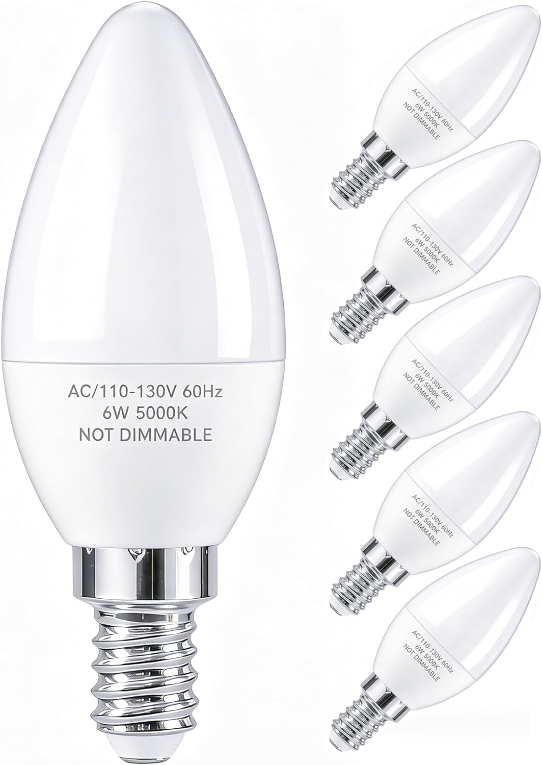 PARTPHONER E12 Base LED Light Bulbs B11 Candelabra Bulbs 60W Equivalent, Non-Dimmable 6W LED Bright Candle Small Base Chandelier Bulb 600 Lumen, 5000K Cold White for Ceiling Fan, Pack of 6