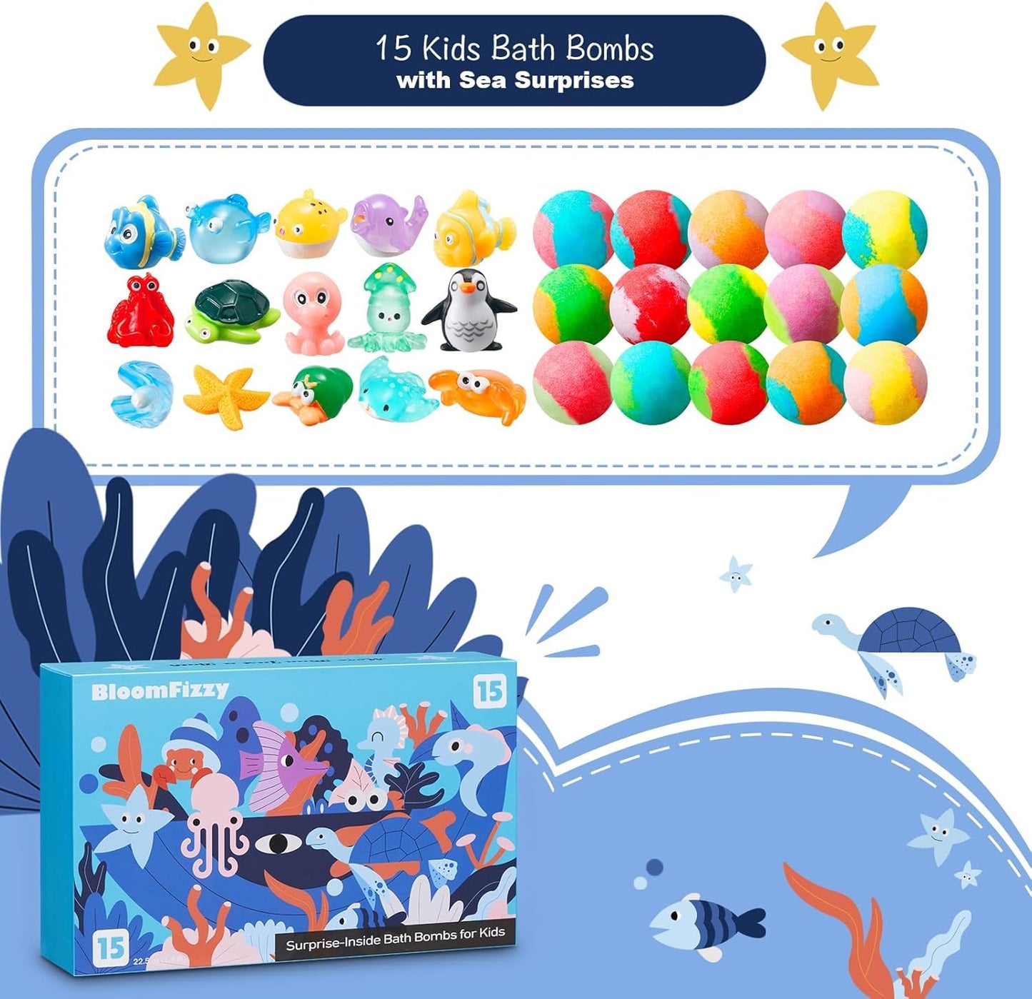 Sea Surprise Bath Bombs for Kids, 15 Pack Organic Fizzy Bath Bombs Gift Set with Hidden Ocean Toys, Gentle & Scented, Kid-Safe & Fun Bath Time, Ideal Christmas Gift & Stocking Stuffer for Kids