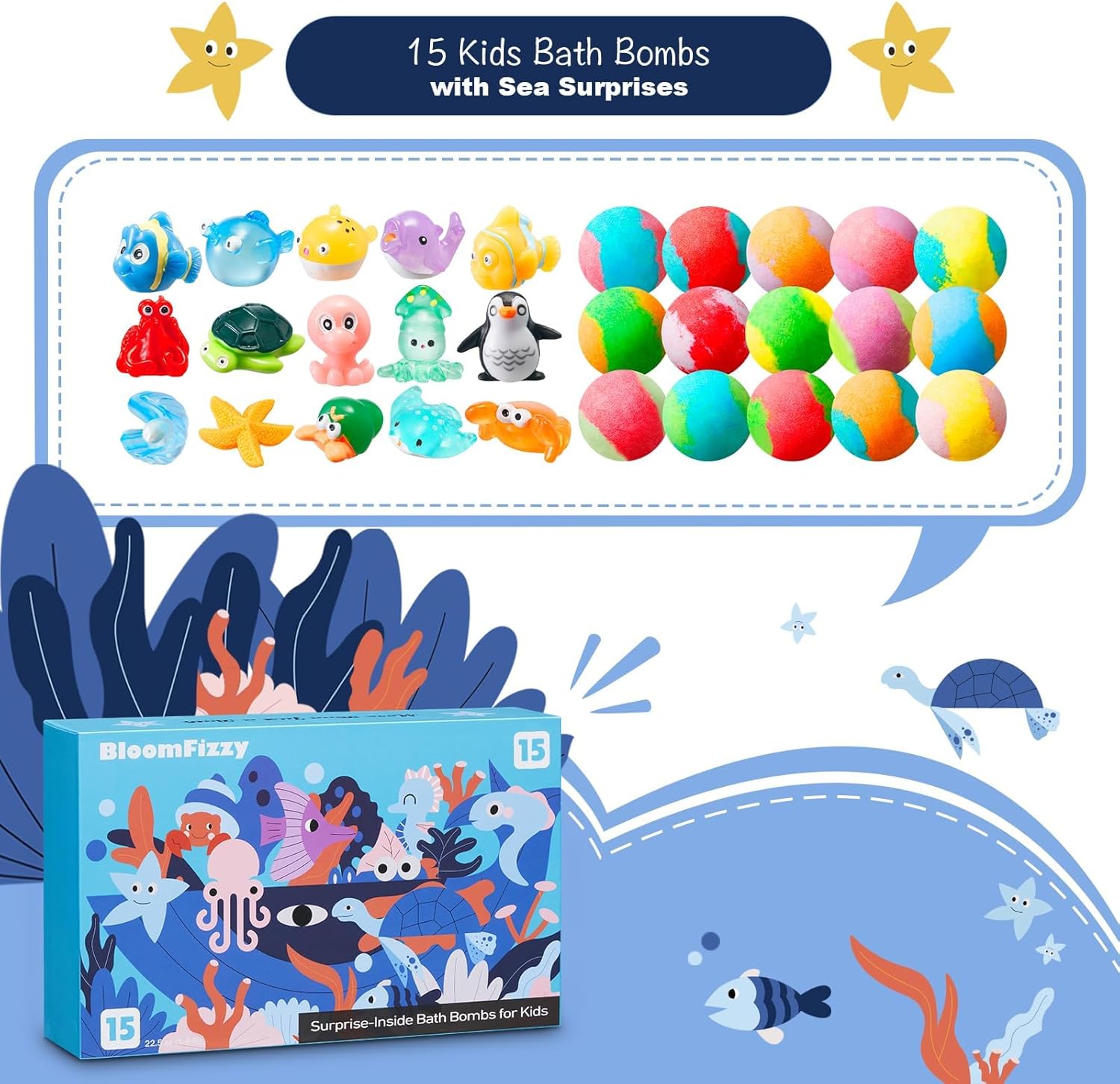 Sea Surprise Bath Bombs for Kids, 15 Pack Organic Fizzy Bath Bombs Gift Set with Hidden Ocean Toys, Gentle & Scented, Kid-Safe & Fun Bath Time, Ideal Christmas Gift & Stocking Stuffer for Kids