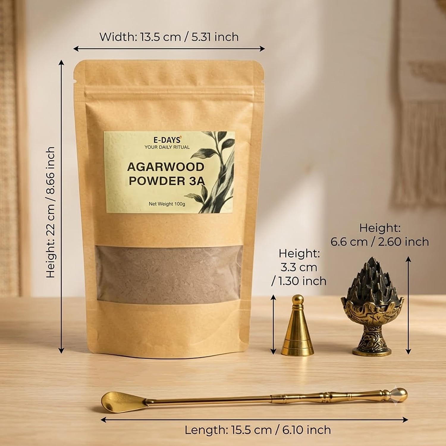 Hainan Agarwood Powder 100g - 3A Grade Natural Incense Powder for DIY Incense Sticks, Cone Making, Seal Molding, Aromatherapy - Includes 3-Piece Cone Mold Set (Incense Burner, Mold, Spoon)