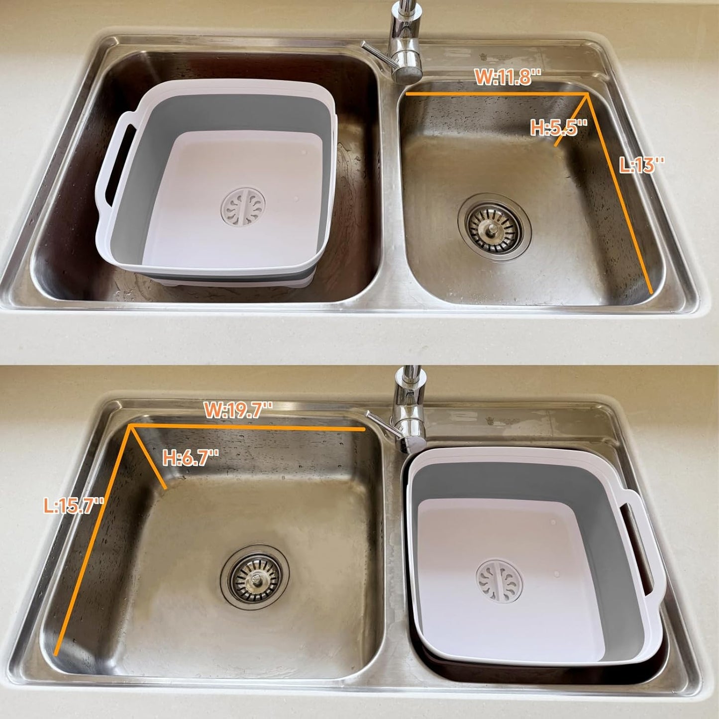 GIMWA Collapsible Wash Basin with Drain Plug - 2.4 Gallon Foldable Kitchen Sink for Baby Bottles, RV Camping, Space-Saving Dish Tub (Gray)