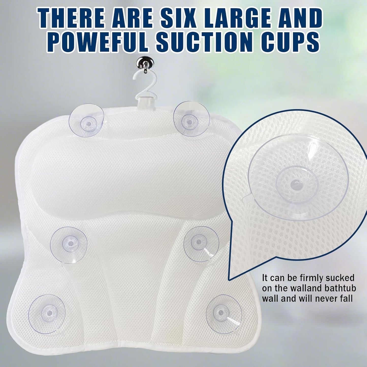 Bath Pillow Bathtub Pillow, Thick Padded Ergonomic Bathtub Headrest for Tub Neck and Back Support with Soft 4D Mesh Fabric and Six Non-Slip Suction Cups, Bath Pillows for Bath Accessories