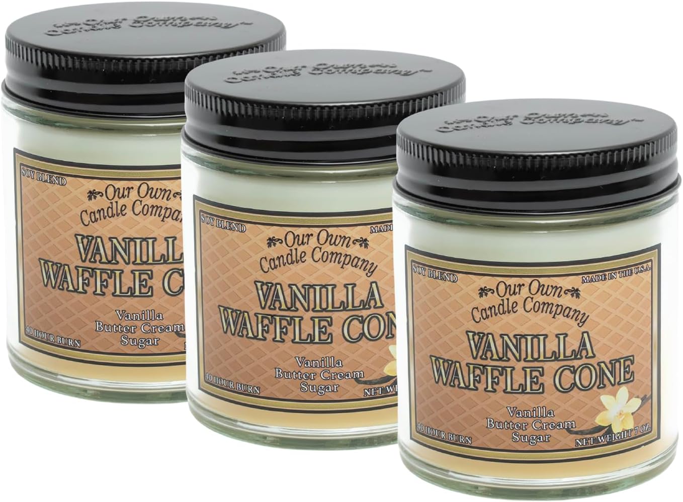 Our Own Candle Company, Vanilla Waffle Cone Scented Mason Jar Candles, 40 Hour Burn Time, 7 Ounces (3 Pack)