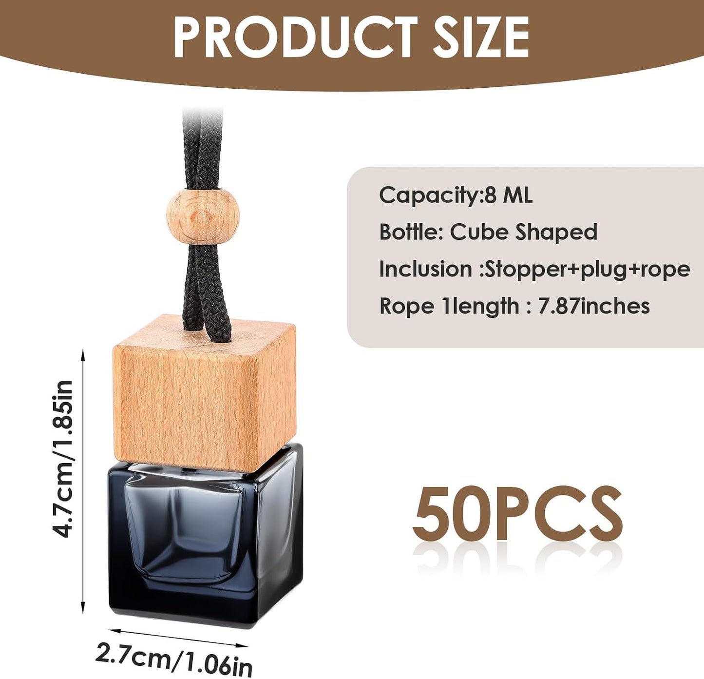 50 Pcs Hanging Car Air Freshener Car Diffuser Empty Glass Perfume Bottle Freshener Diffuser Pendant for Essential Oil Fragrance Aromatherapy Ornament (Black,Cube)
