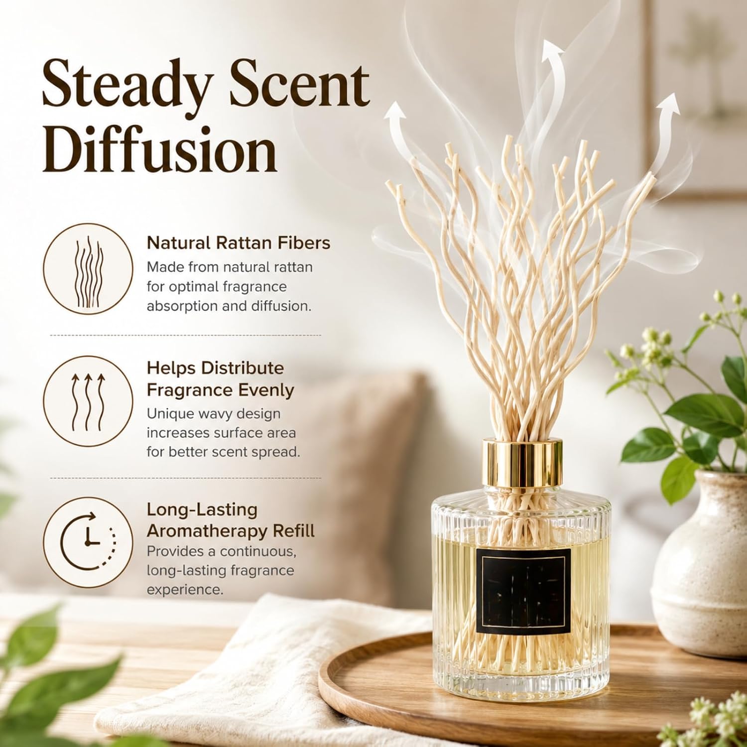 10Pcs Wavy Rattan Reed Diffuser Sticks, Natural Rattan Fragrance Aromatherapy Volatile Replacement Refill Essential Sticks (Black)