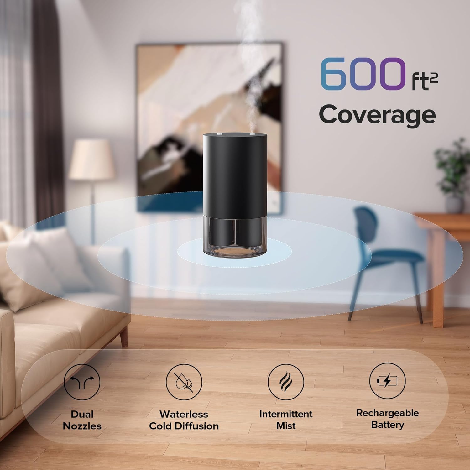 Airversa Dual-Nozzle Waterless Essential Oil Diffuser for Home Rechargeable Scent Diffusers with 5 Timer Settings, 4 Mist Levels with Vehicle Mode for Car Room Studio Office, Space Grey Metal