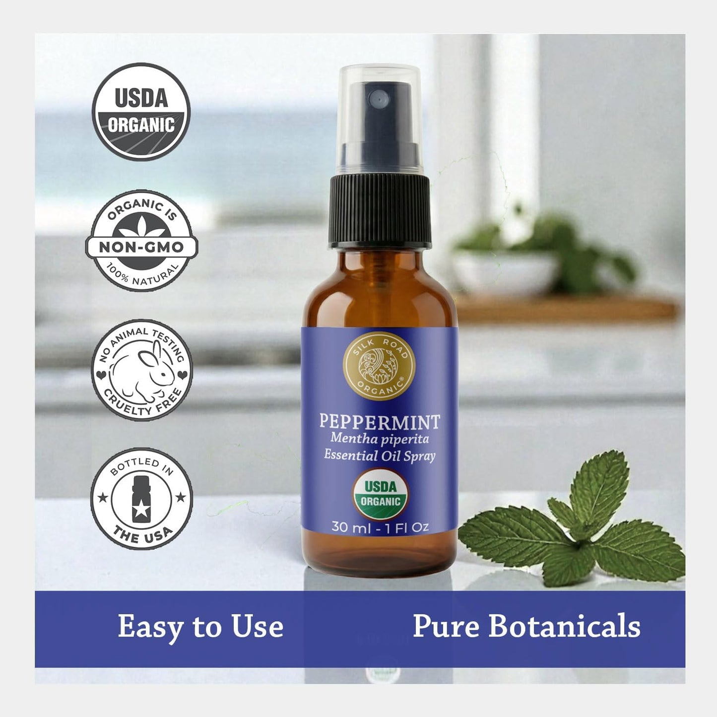 Silk Road Organic Peppermint Essential Oil Spray for Head Tension, Nausea, Morning Sickness, Energy & Focus - 1 oz. USDA Certified Body Spray - Always Pure, Always Organic