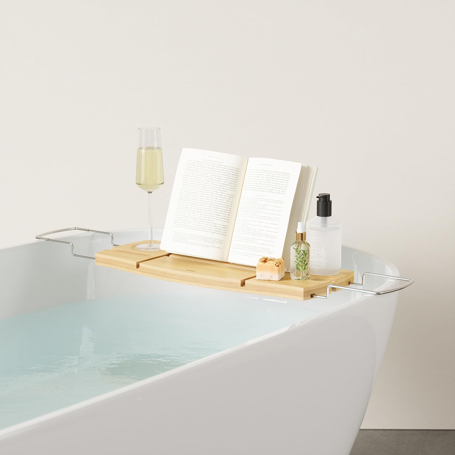 Umbra Aquala Bathtub Tray Extendable Caddy with Book Stand and Wine Glass Holder, Natural