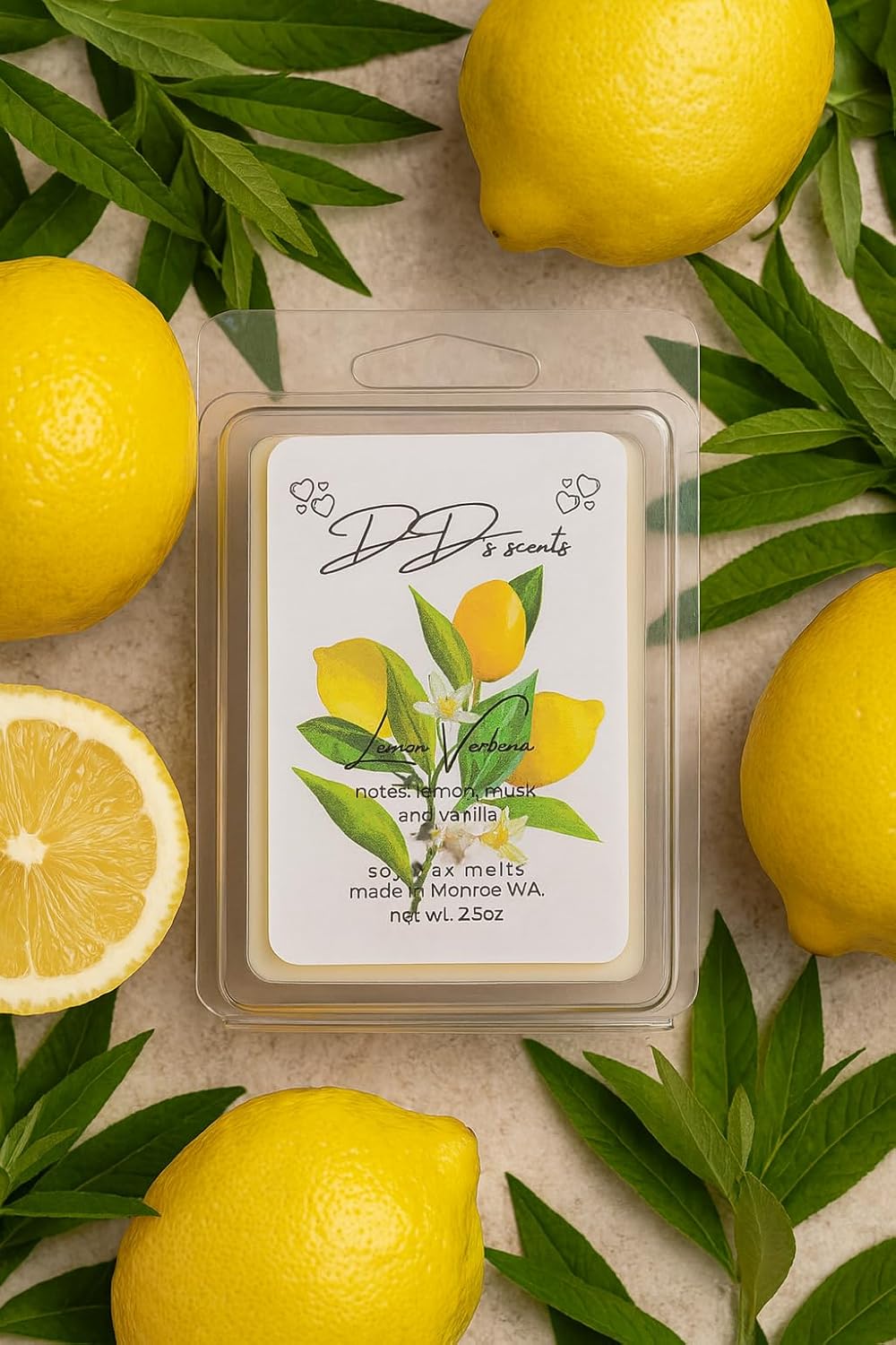 Lemon Verbena Soy Wax Melts – 6-Cube Clamshell – Hand-Poured, Fresh Citrus Herbal Scent – Strong Scented, Clean Burning Soy Wax – DD’s Scents