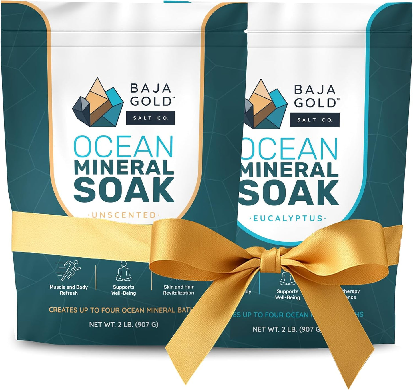 Baja Gold Ocean Mineral Soak Bundle – Unscented + Eucalyptus | Natural Magnesium Bath Soak with Trace Minerals | Relaxing, Clean Self-Care for Bath, Foot Soaks & Skin | 2 x 2 lb Resealable Bags