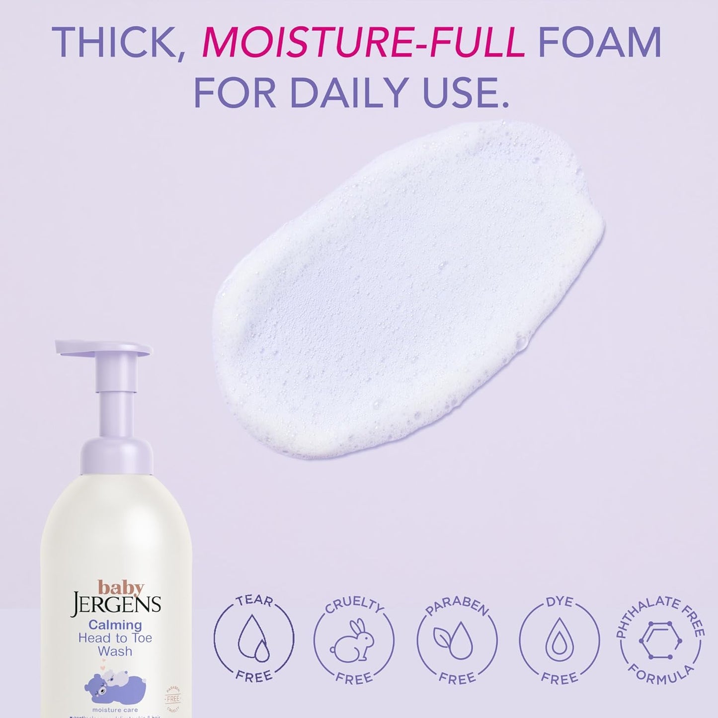 Jergens Baby Calming Head to Toe Foaming Wash, Baby Shampoo and Body Wash, Baby Shampoo Tear Free, Kids Foaming Body Wash, 18 Fl Oz