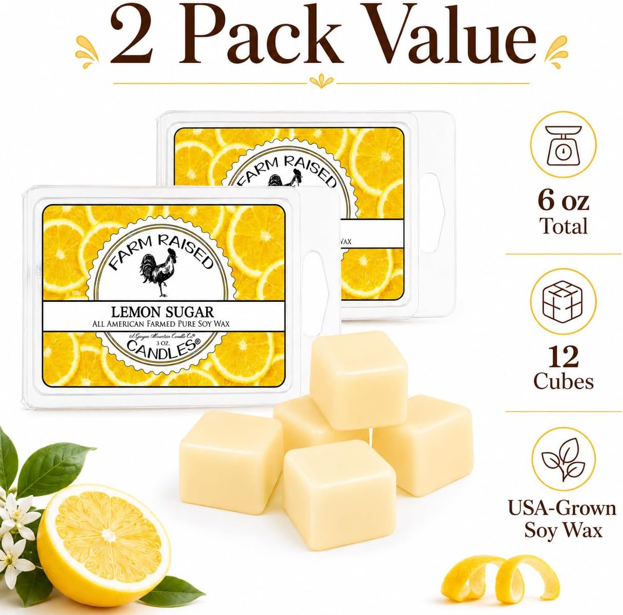 Lemon Sugar - USA Made Soy Wax Melts, 2 Pack, 6 oz