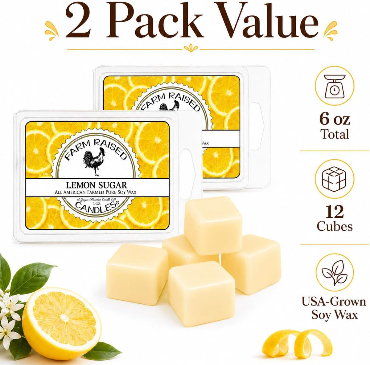 Lemon Sugar Wax Melts 2 Pack, Limoncello-Inspired Lemon Scented Soy Wax Cubes for Warmers