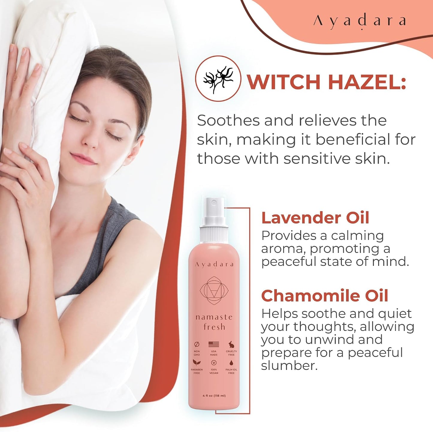Ayadara Namaste Bed & Linen Mist - Lavender Pillow Spray for Calm Sleep, 2000+ Uses