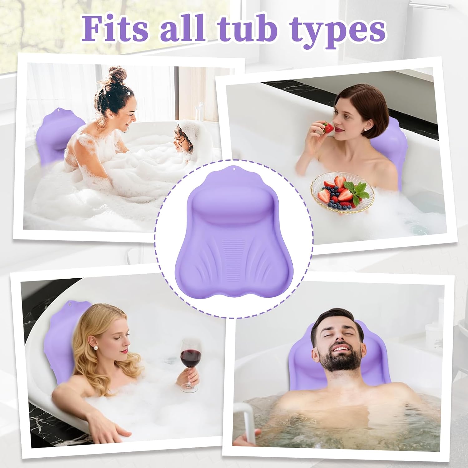 Luxury Silicone Bath Pillow for Tub, New Cloud-Soft 4D Air-Cushion Bathtub Pillow for Head and Neck & Back Support, Strong Suction Cups, Waterproof Quick-Dry Bathtub Headrest (Purple)