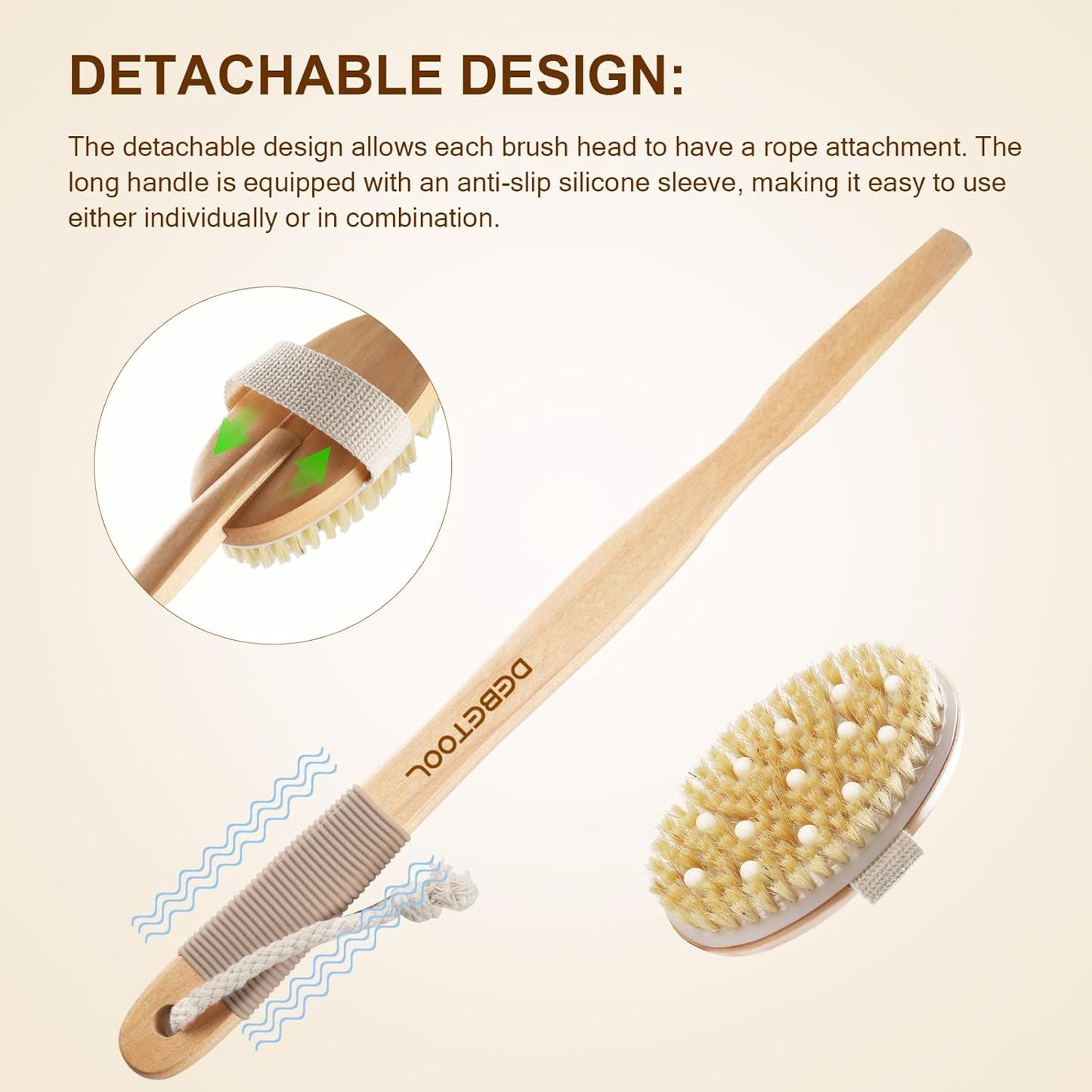 DEBETOOL Dry Brushing Set - Natural Boar Bristle Body & Face Brush, Wooden Long Handle Scrub Brush for Cellulite & Lymphatic Drainage Body Care, Detachable, 3 Brush Heads