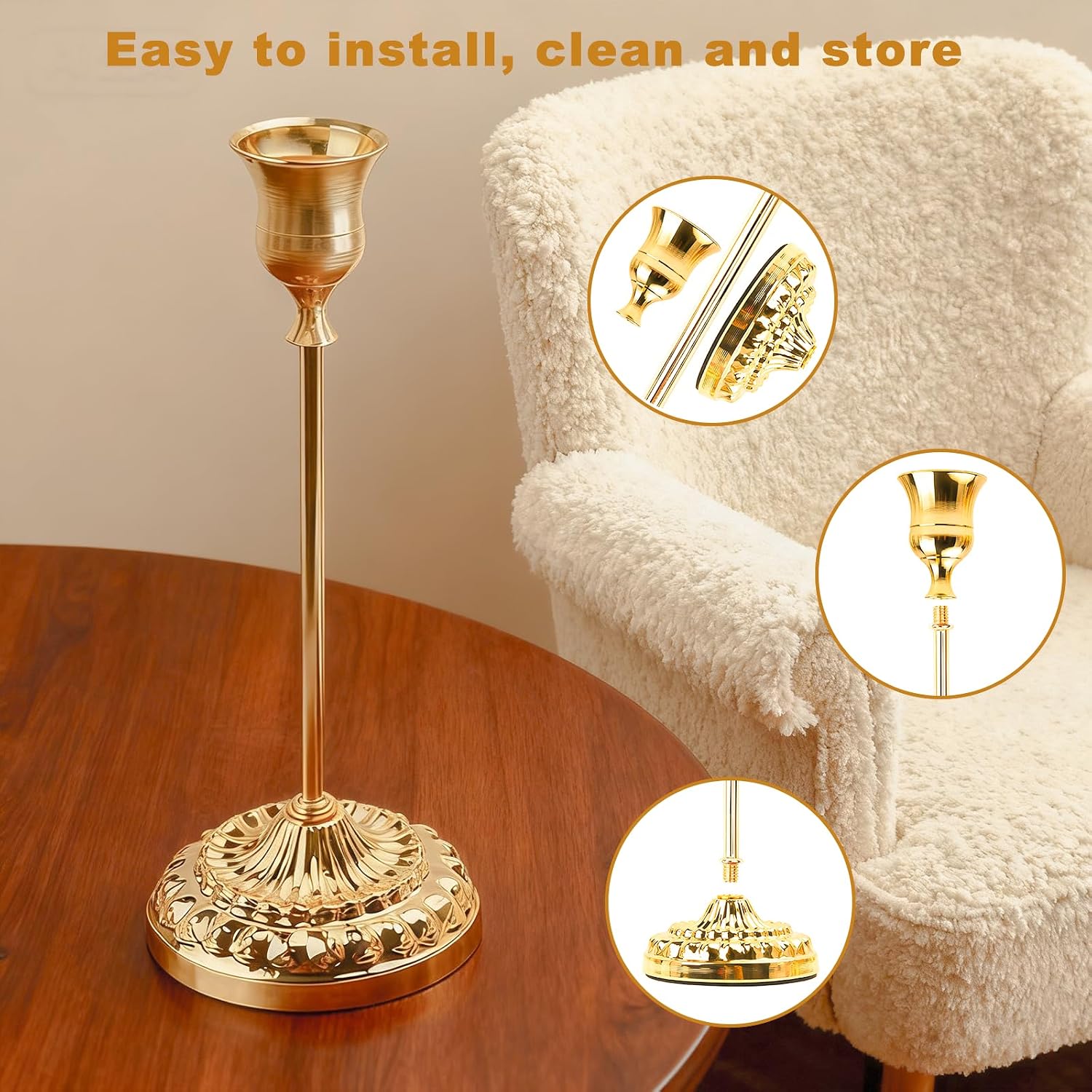 BEAHOT Gold Candle Holders, Set of 3 with Matching Candle Snuffer – Elegant Durable Non-Slip Candlestick Holders for Christmas Decorations Wedding Centerpiece, Dining Table & Home Gift Display