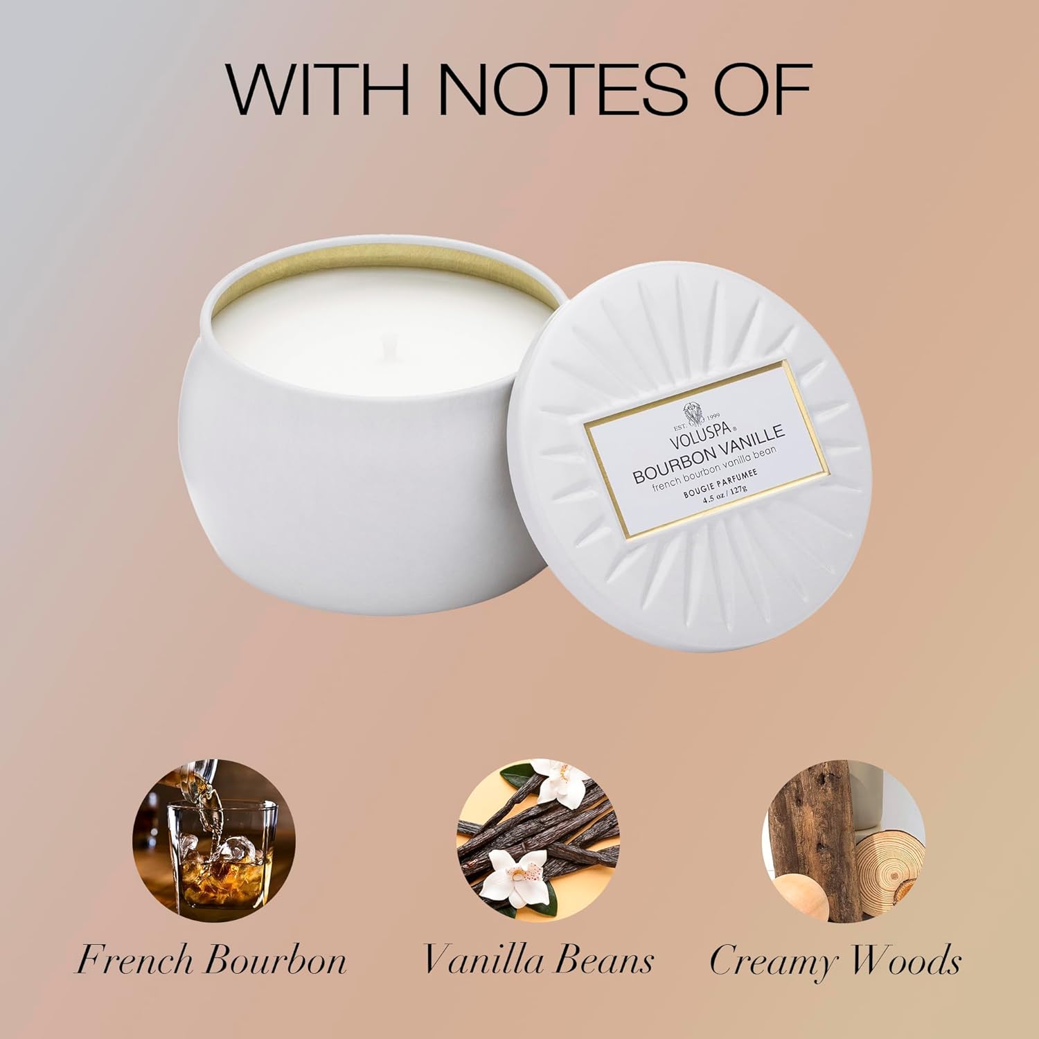 Voluspa Bourbon Vanille, Mini Tin Candle, 4 oz, 25 Hour Burn Time, Coconut Wax for Clean Burning, Handcrafted in the USA