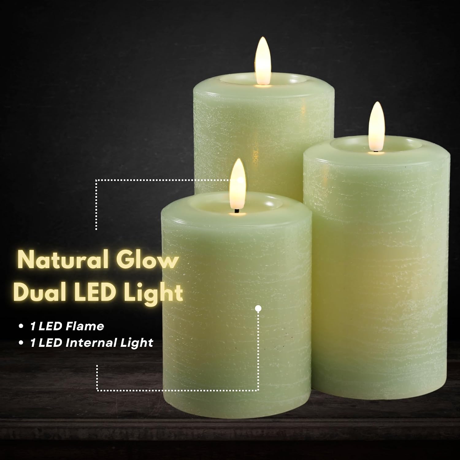 LumiPur Essentials Natural Glow Flameless Flickering Wax Pillar 3 Pack LED Candles (3" x 4" 5" & 6") Sage Green