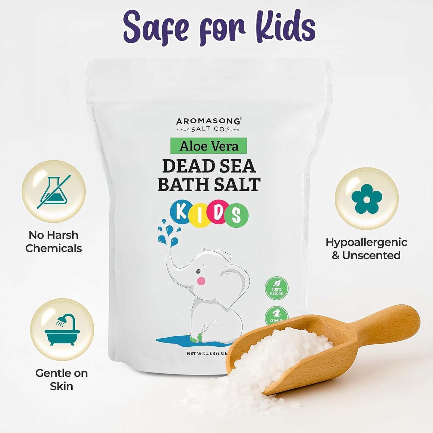 Aromasong Dead Sea Salt Kids Bath Soak with Aloe Vera – Soothing, Calming & Sleep-Ready – 4 Lbs Fine Grain Bulk Resealable Pack – 100% Pure & Natural Mineral-Rich Bath Salt
