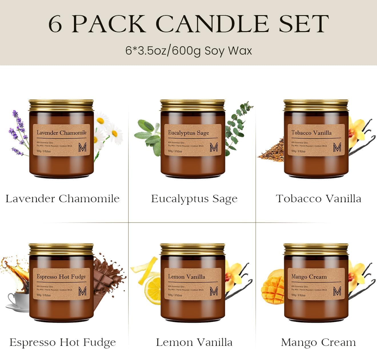 M&SENSE 6 Pack Candle Gift Set, Aromatherapy Scented Candle for Home Fragrance, Natural Soy Wax Candles for Stress Relief, Yoga, Long Lasting Small Jar Candle Gift Set for Birthday Housewarming