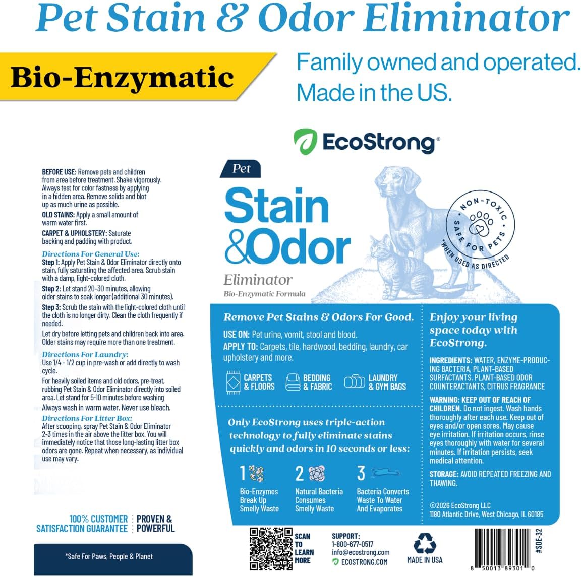 Eco Strong Pet Stain and Odor Remover - Cat Urine Enzyme Cleaner Destroyer, Urine Destroyer for Dogs, Pet Urine Enzyme Cleaner - 32 OZ