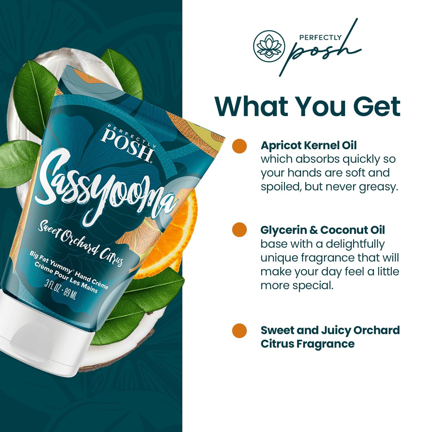 Perfectly Posh - Sassyooma Big Fat Yummy Hand Crème - Non-Greasy Hand Cream with Apricot Kernel Oil, Coconut Oil and Citrus Scent - 89ml