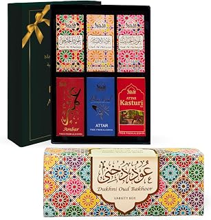 Oud Bakhoor Variety Box & Premiere Attar Oil Set by Dukhni | Authentic Arabic Incense & Fragrance Oils | 30 pcs bakhoor & 6 attar bottles | Luxurious Long-lasting Assorted Scents | Great Ramadan Gifts