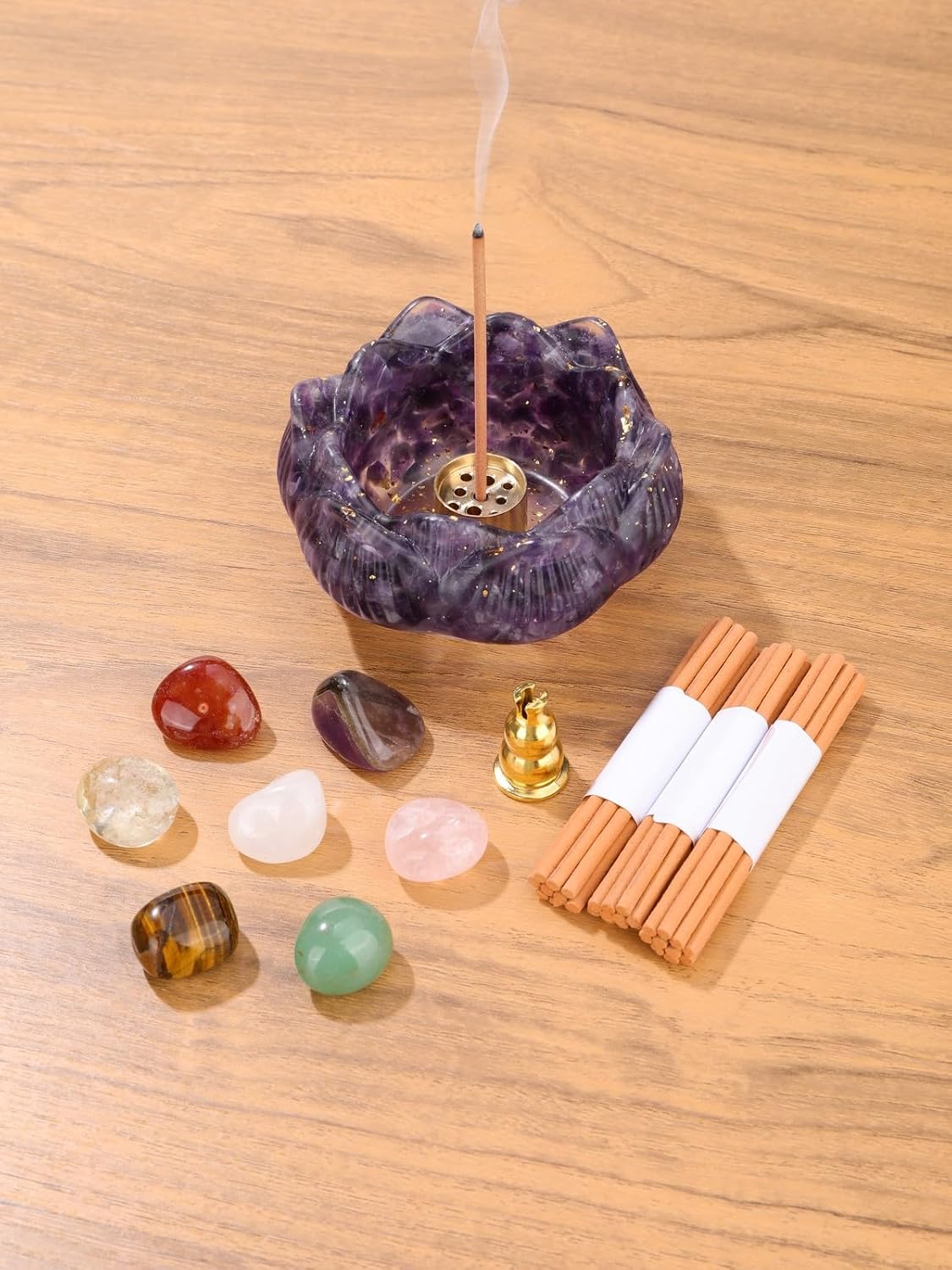 Jovivi Incense Holders Set,Amethyst Crystal Lotus Resin Burner, 2 Incense Holders, 7 Chakra Tumbled Stones, Mini Incense Sticks & Gift Box – Spiritual Meditation Home Decor