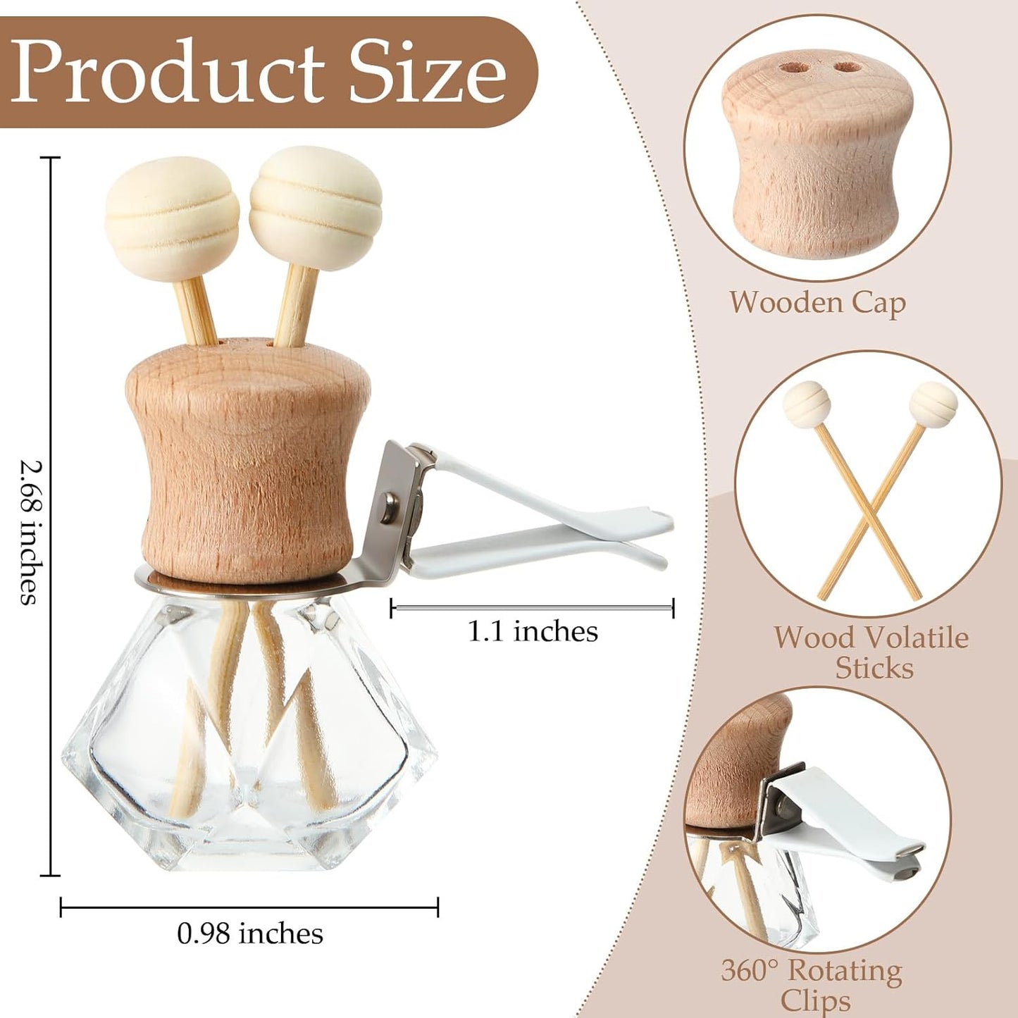 Zubebe 30 Pack 8 ml Diamond Essential Oil Diffuser Bottle Bulk Car Air Freshener Vent Clip Auto Perfume Vent Diffuser for Aromatherapy Fragrance Ornament Decor, Glass Bottle with Wooden Caps Stick
