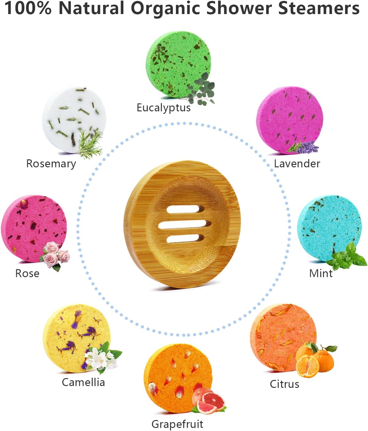 Shower Steamers Aromatherapy - 8 Pack Organic Shower Bombs with Shower Steamer Tray/Holder, Self Care Natural Essential Oil, Stress Relief Shower Bombs, Fathers Spa Gifts for Men, Dad, Husband