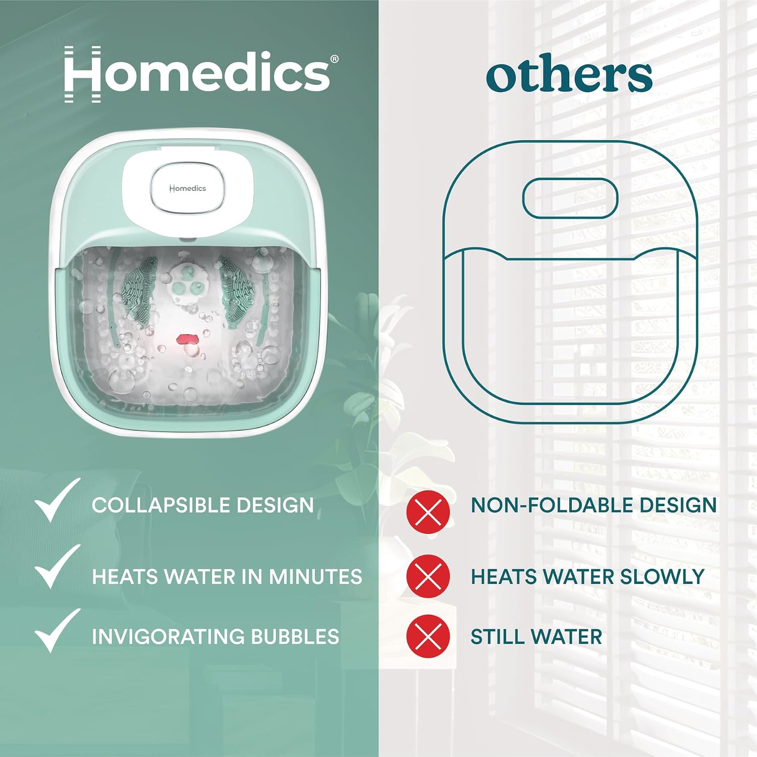 HoMedics Smart Space Elite Footbath with Heat Boost, Collapsible, Invigorating Bubble Massage, 3 Pedicure Attachments, Safe to Use Bath Salts, Patented Safety-Lock System, Ergonomic