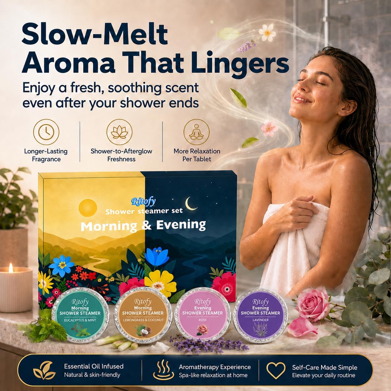 12 Tablets Shower Steamers Aromatherapy, Morning Evening Shower Tablets Set, Gift for Women and Men, Self Care Lavender Rose Lemongrass Coconut Eucalyptus Mint