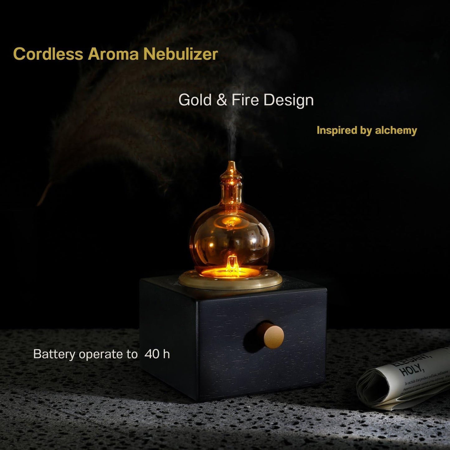 Cordless Aroma Oil Nebulizer - Waterless Diffuser for Essential Oil with Glass & Wood, Rechargeable Portable Nebulizing Machine, Battery Operated up to 40h - Gold & Fire Original Design
