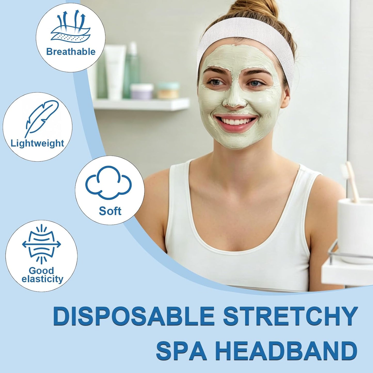 160 Count Disposable Spa Headbands for Women - Individually Wrapped Facial Headbands for Skincare, Makeup & Estheticians - Stretch Non-Woven Hair Bands for Salon & Home (White)