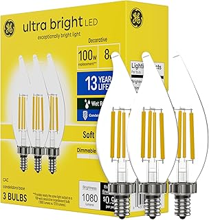 GE Ultra Bright LED Light Bulbs, 100W, Soft White Candle Lights, Clear Decorative CA12 Light Bulbs, Candelabara Base (3 Pack)