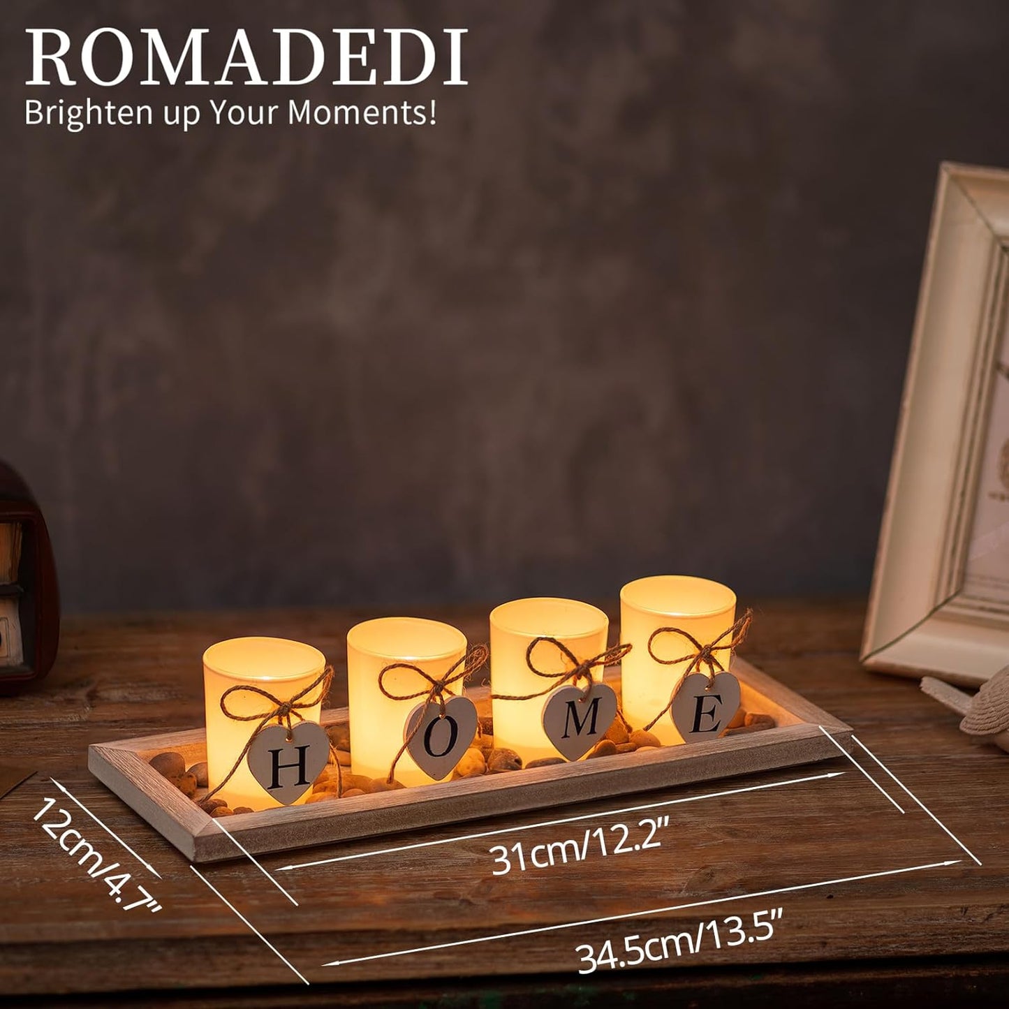 Romadedi Wooden Decorative Tray Candle Holder - 13.5 inch Wood Long Narrow Tray Home Decor Small Rustic Farmhouse Centerpieces Trays for Coffee Table Dining Room Living Room, Whitewashed