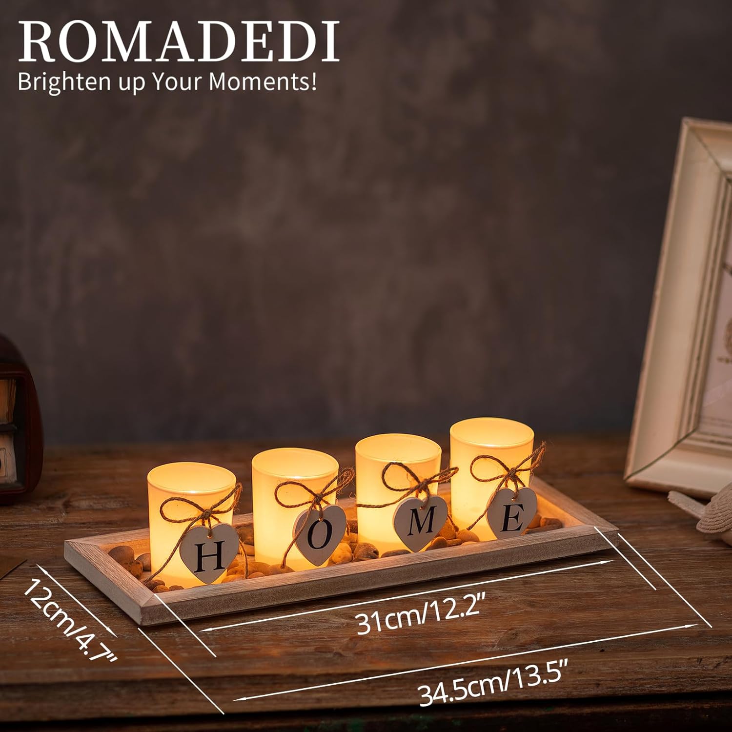 Romadedi Wooden Decorative Tray Candle Holder - 13.5 inch Wood Long Narrow Tray Home Decor Small Rustic Farmhouse Centerpieces Trays for Coffee Table Dining Room Living Room, Whitewashed