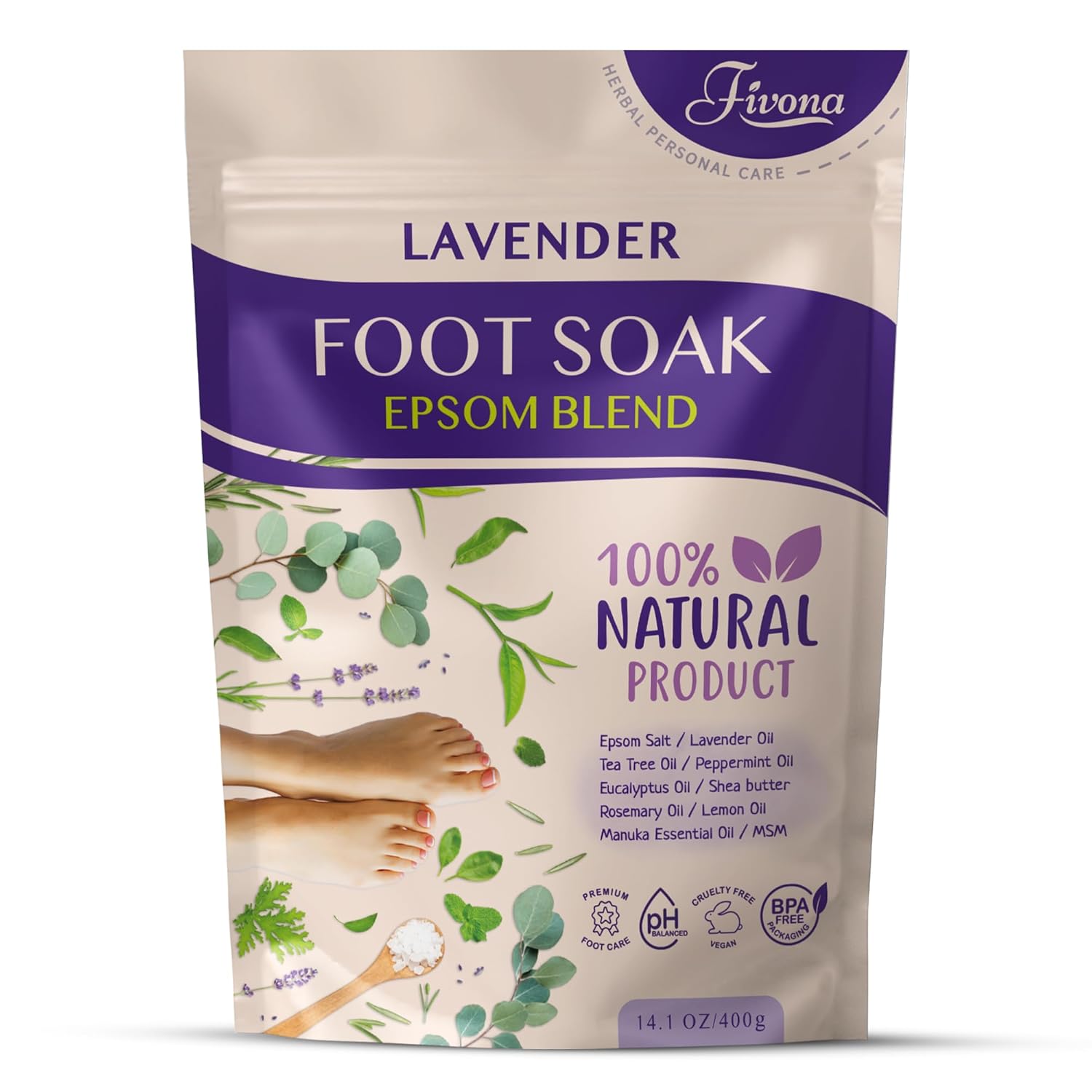 Fivona Foot Soak Blend Epsom Salt with Lavender 14.1 oz - Calming Foot Bath Salt, Relax & Renew Tired Feet, Soothe Soreness, Soften Calluses - Rejuvenating Pedicure Spa at Home