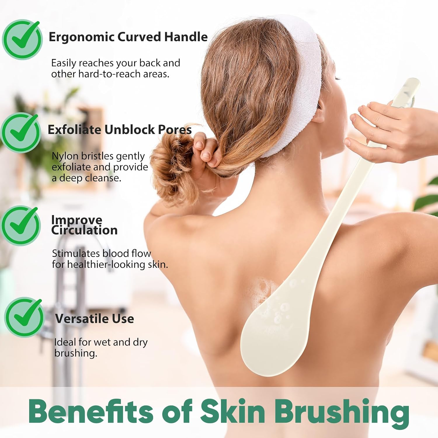 Back Scrubber for Shower, 17-Inch Shower Brush for Men and Women, Long Handle Exfoliating Body Brush, Medium Bristle Stiffness for Dry or Wet Brushing (Cream White)