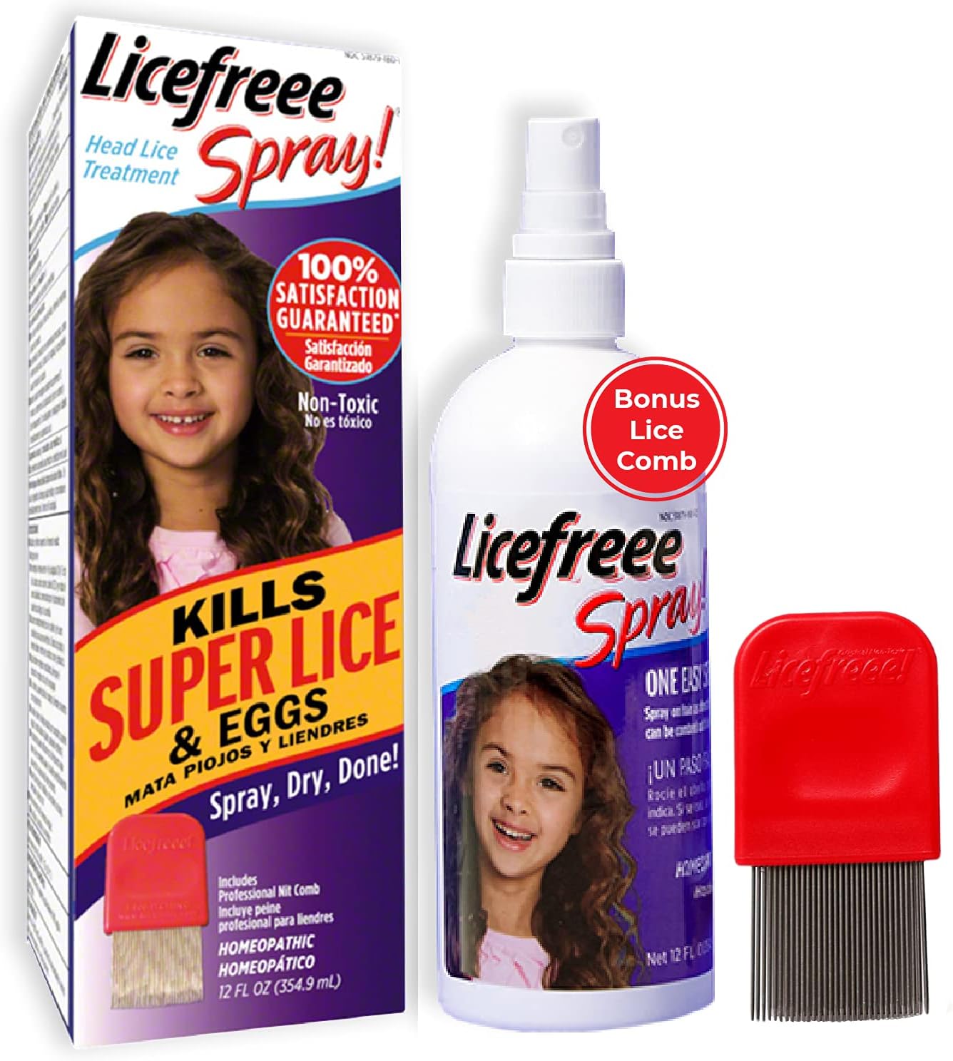 Licefreee Spray Family Size Lice Treatment for Kids & Adults, Easy Use Lice Spray Kills Head Lice, Eggs, Super Lice on Contact, Includes Metal Lice Comb, Multiple Treatments, 12 oz