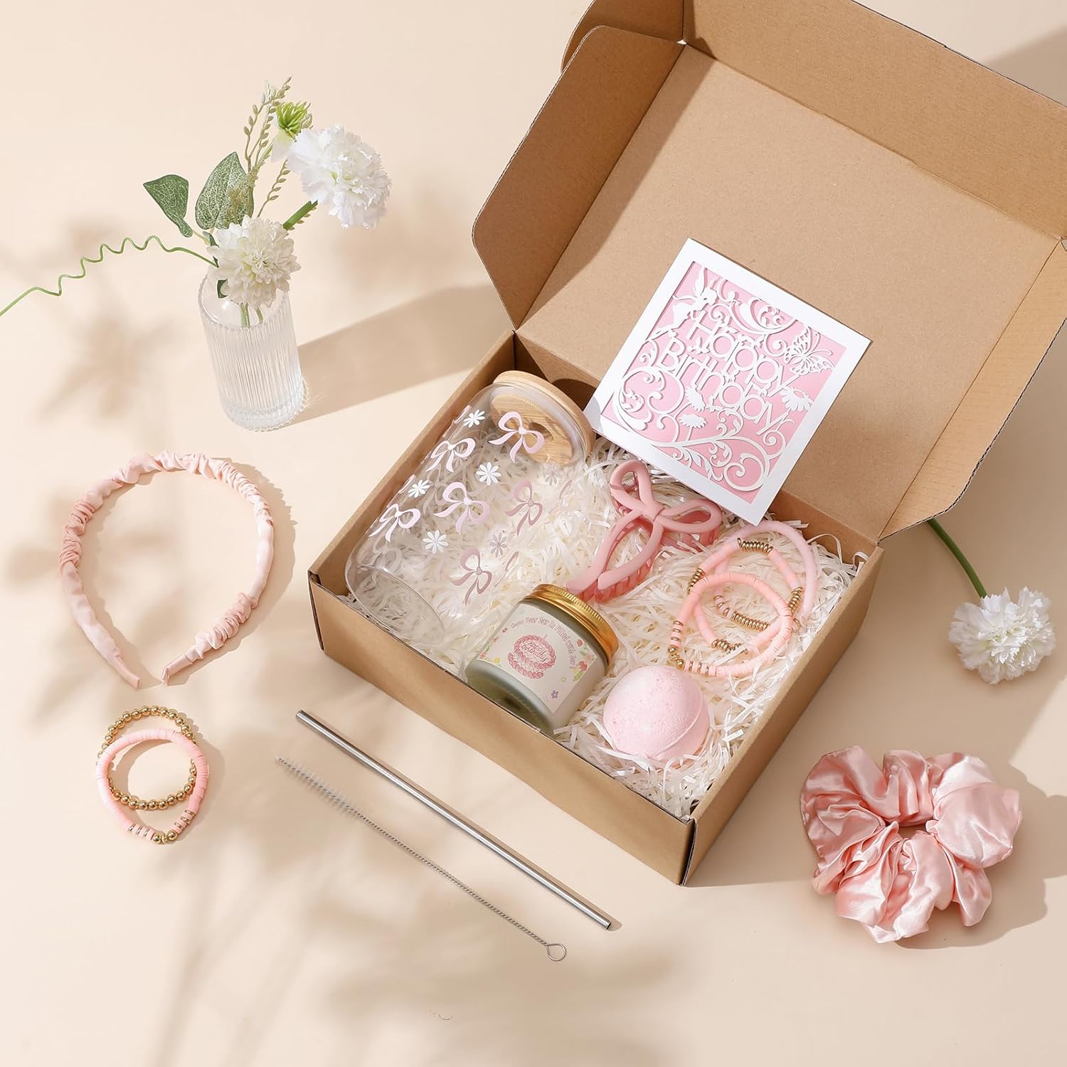 Birthday Gifts for Women, Teen Girl, Girl, Her, Sister, Daughter, Friends - Charming Birthday Happy 8-in-1 Gift Box Set with Delicate Pink Bow Printed Glass Cup & 7 Other Adorable Items (16oz)