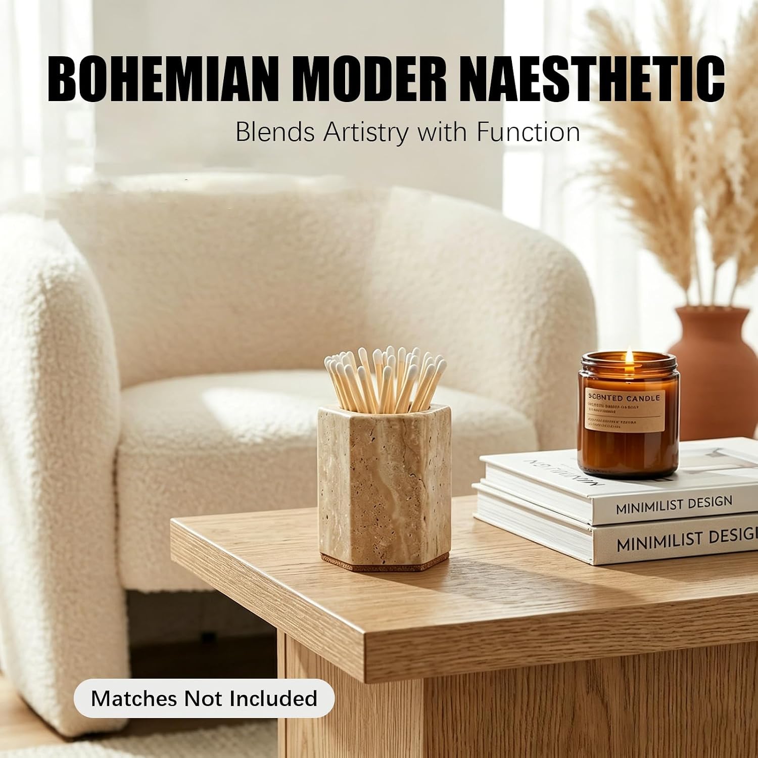 Hexagonal Travertine Match Holder with Striker, Luxury Natural Stone Matches Jar with Cork Base, Decorative Matchstick Holder for Candle & Fireplace - Unique Housewarming Gift, Matches Not Included
