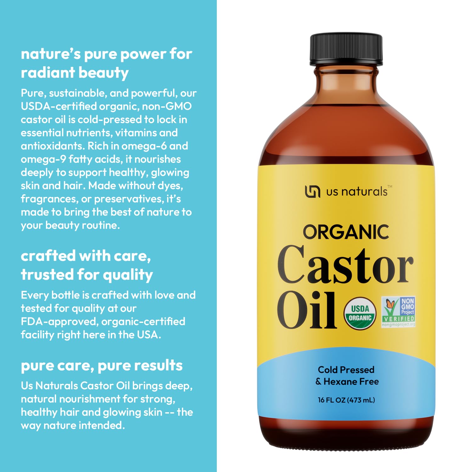 Us Naturals 16oz Organic Castor Oil – Glass Bottle – USDA Certified Organic & Non-GMO – 100% Pure, Cold-pressed, Unrefined, Hexane-free – Premium Glow-Boosting Oil for Skin, Hair, Lashes, Nails & More